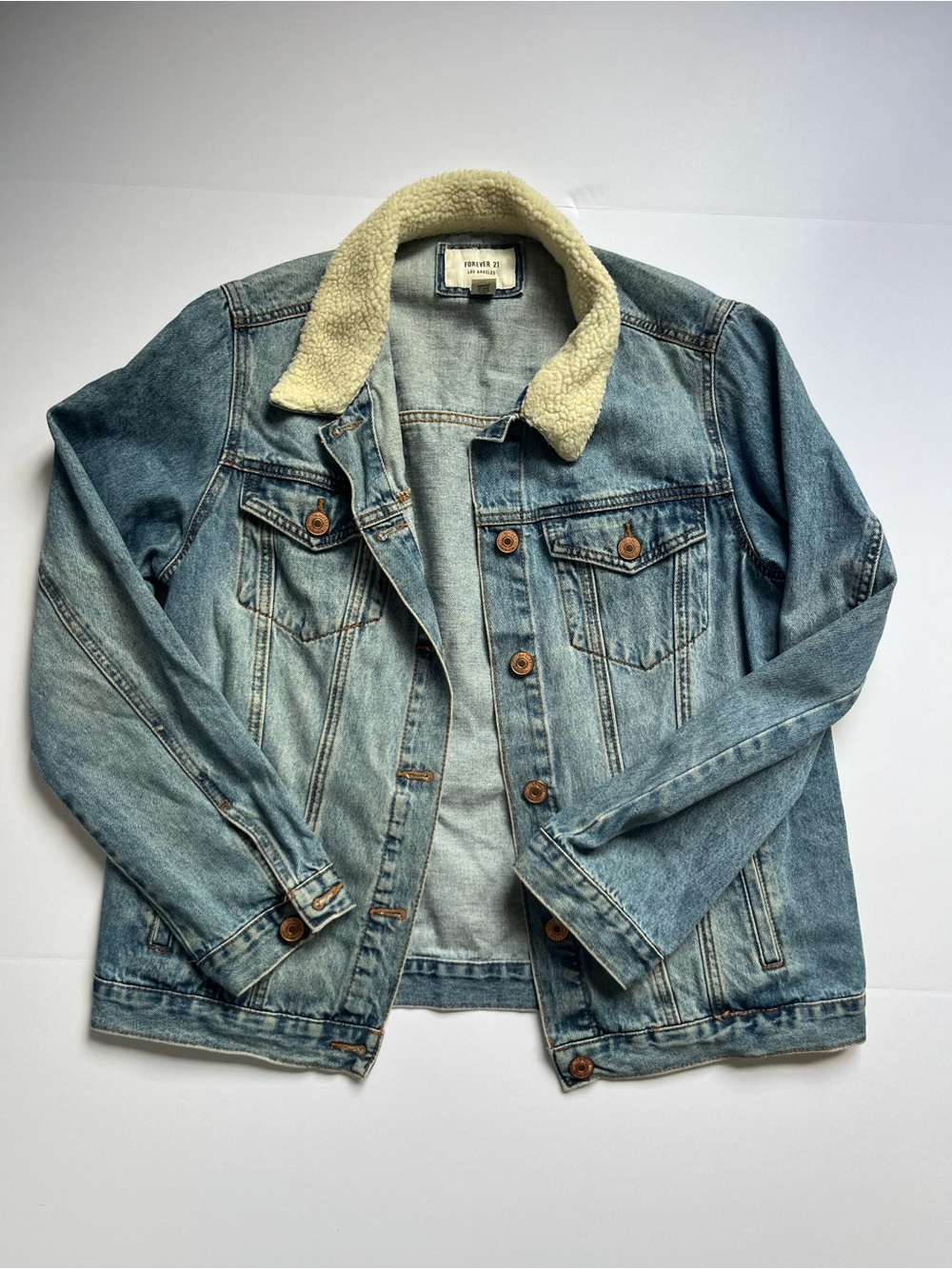 Forever 21 Light Blue Denim Jacket with Cream Sherpa Collar